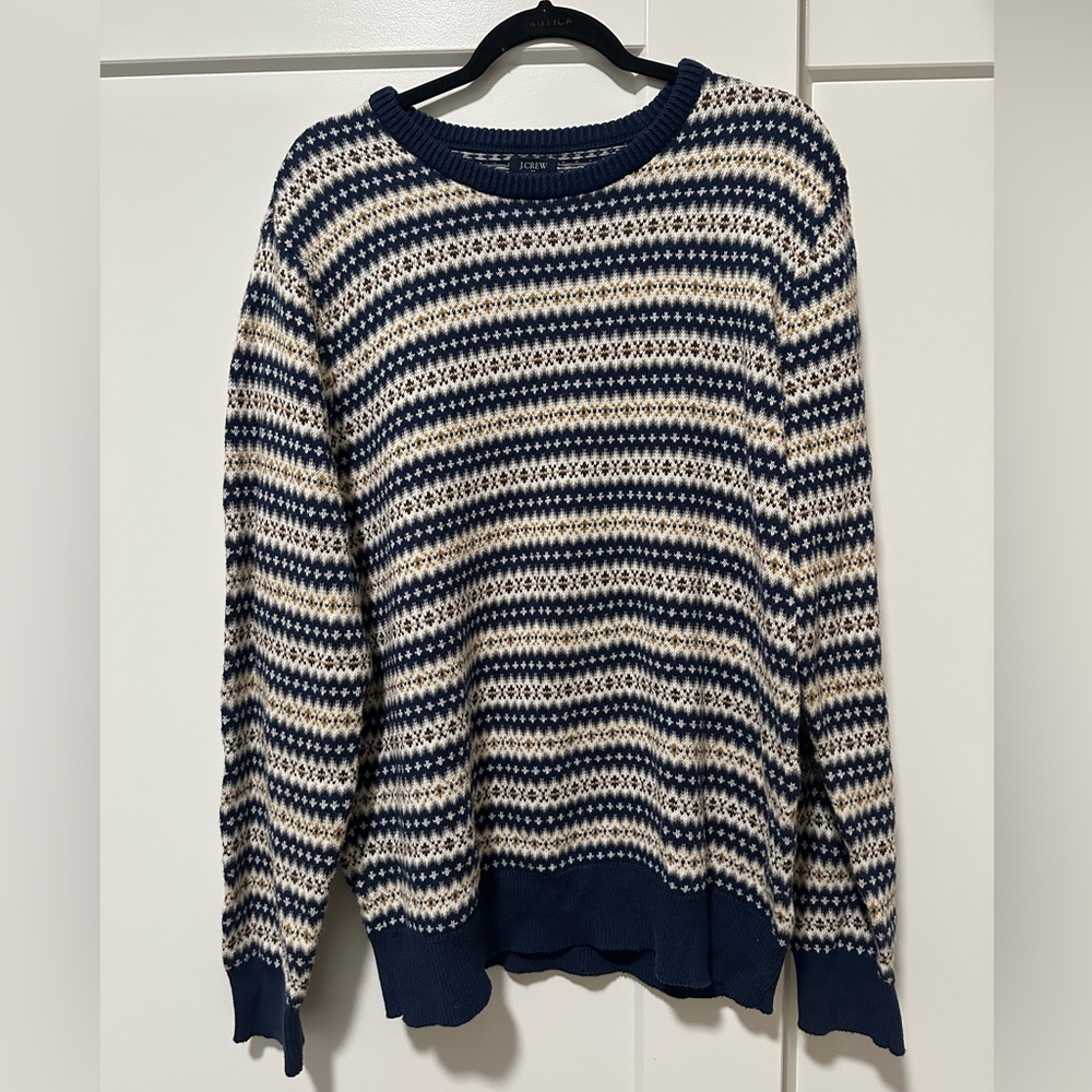 J.Crew Blue and Cream Knit Patterned Cotton Sweater